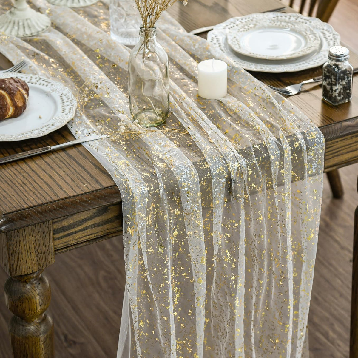Artoid Mode front view of beige gold gauze runner showing elegant shimmer and length