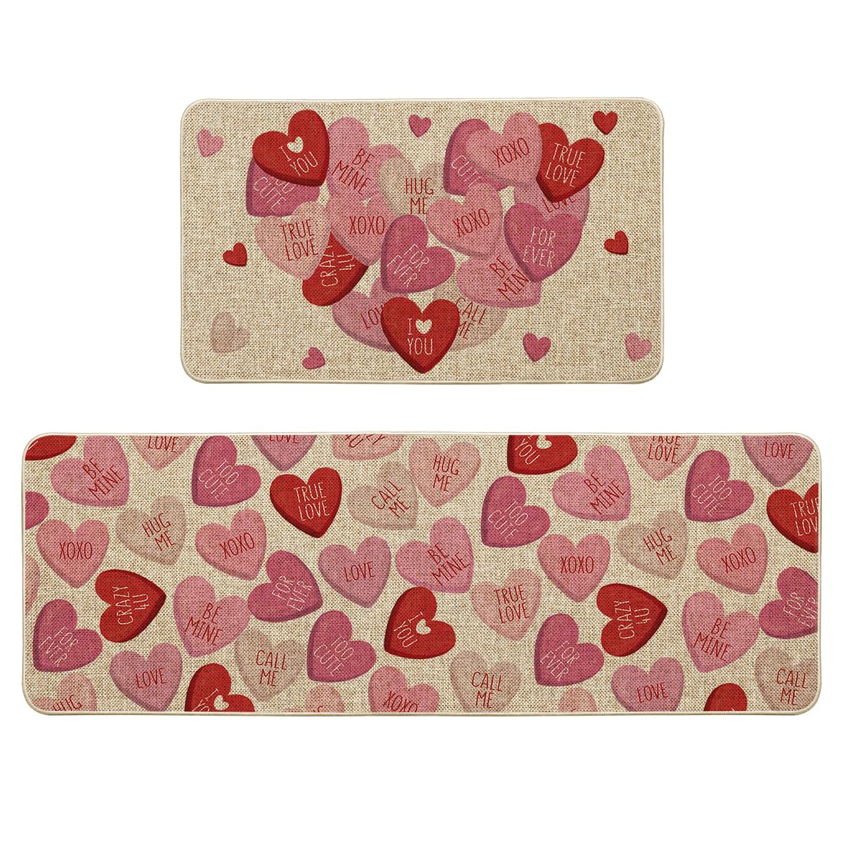 Artoid Mode front view of pink XOXO kitchen mats showing cheerful hearts and fit