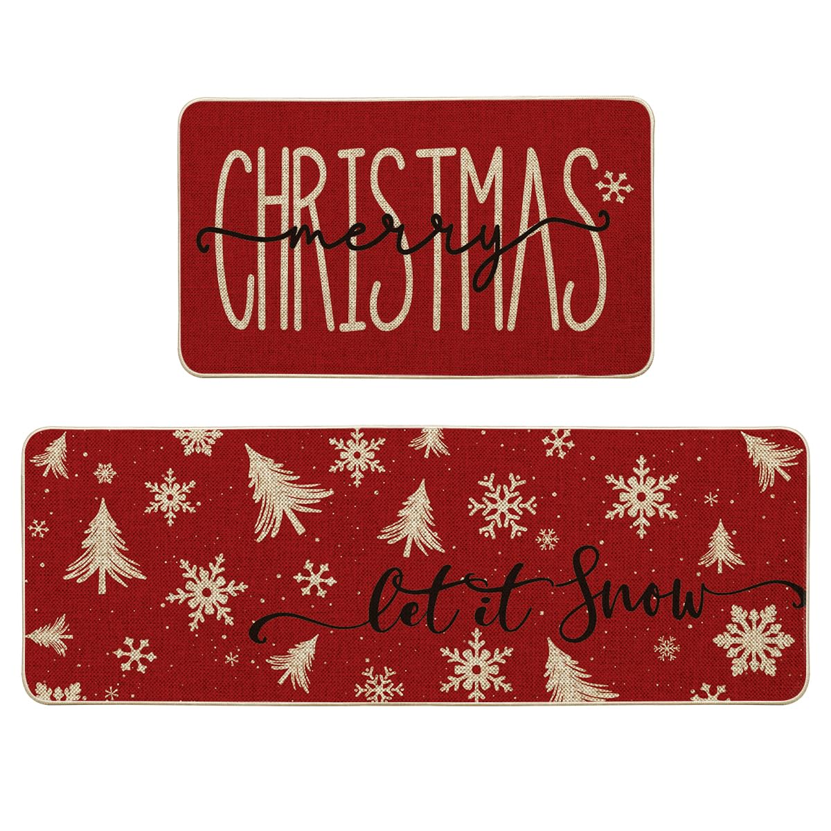 Artoid Mode front view of both Christmas kitchen mats showcasing festive design and coverage