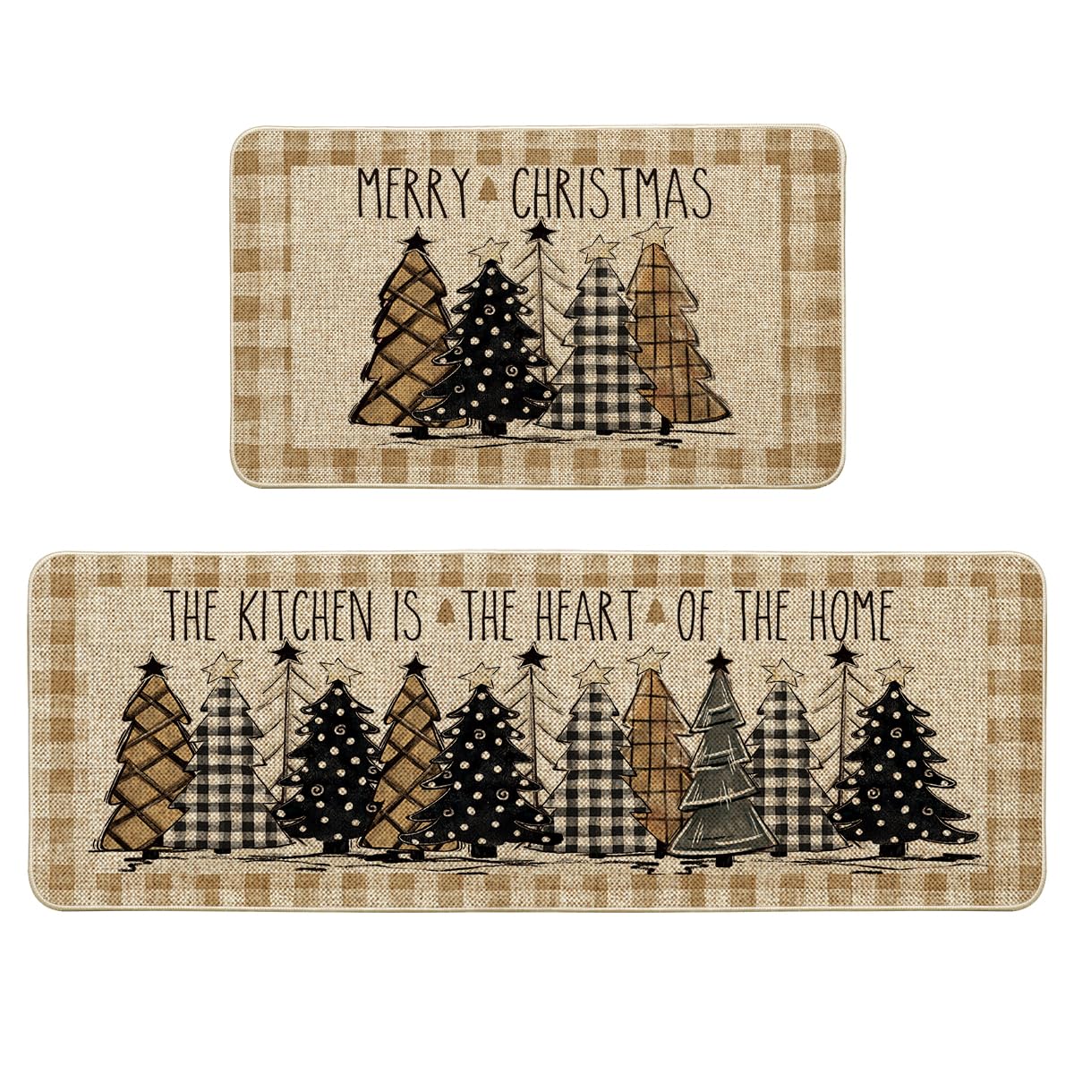 Artoid Mode front view of buffalo plaid mats showing festive tree and coverage benefit
