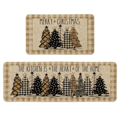 Artoid Mode front view of buffalo plaid mats showing festive tree and coverage benefit