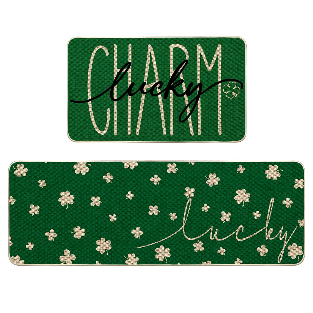 Artoid Mode shamrock front packaging showing festive kitchen rug set benefit seasonal style