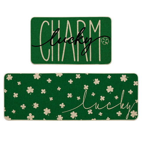 Artoid Mode shamrock front packaging showing festive kitchen rug set benefit seasonal style