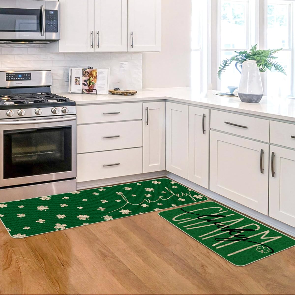 Artoid Mode shamrock mat placed by kitchen sink illustrating comfort and floor protection