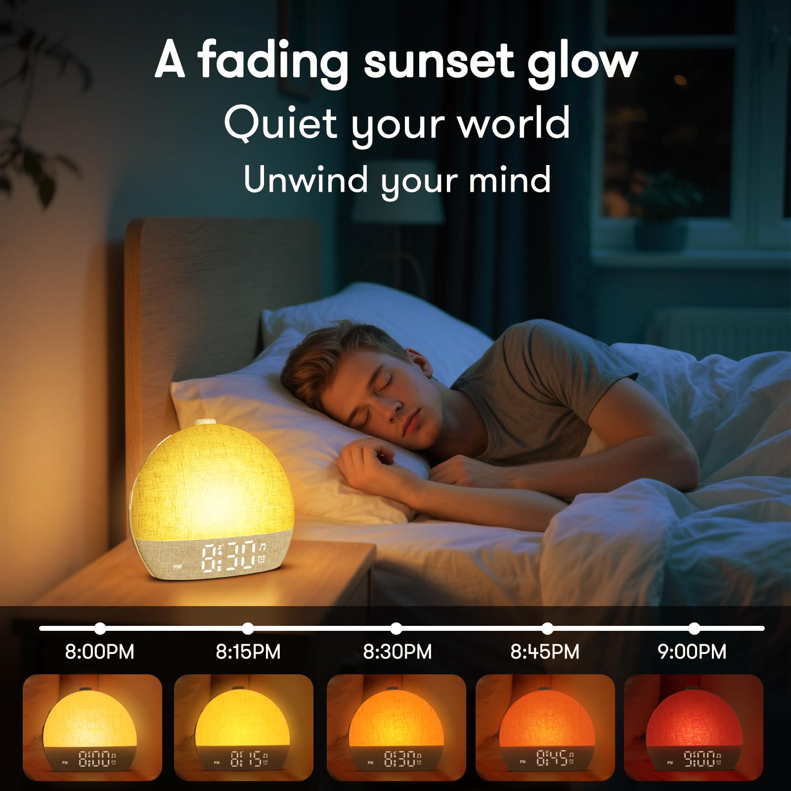 ARUQO on bedside table emitting morning glow for gentle wake-up benefit