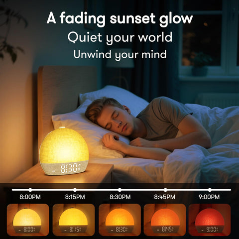 ARUQO on bedside table emitting morning glow for gentle wake-up benefit