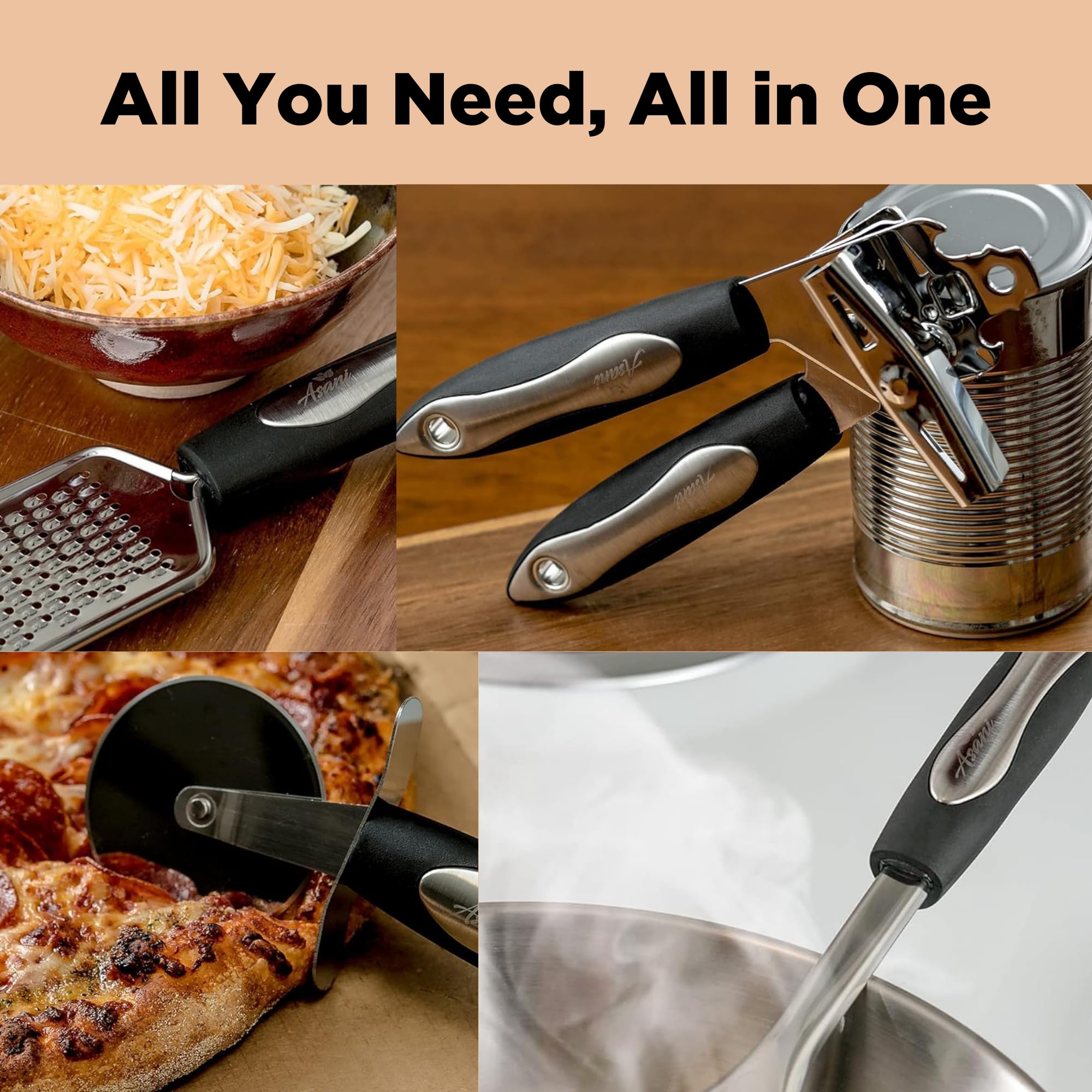 Asani utensils in a holder for scale and compact storage convenience