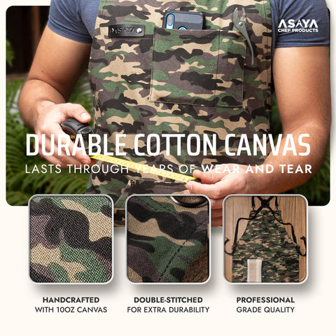 Asaya apron cross-back strap detail showing adjustable hardware for reduced neck strain