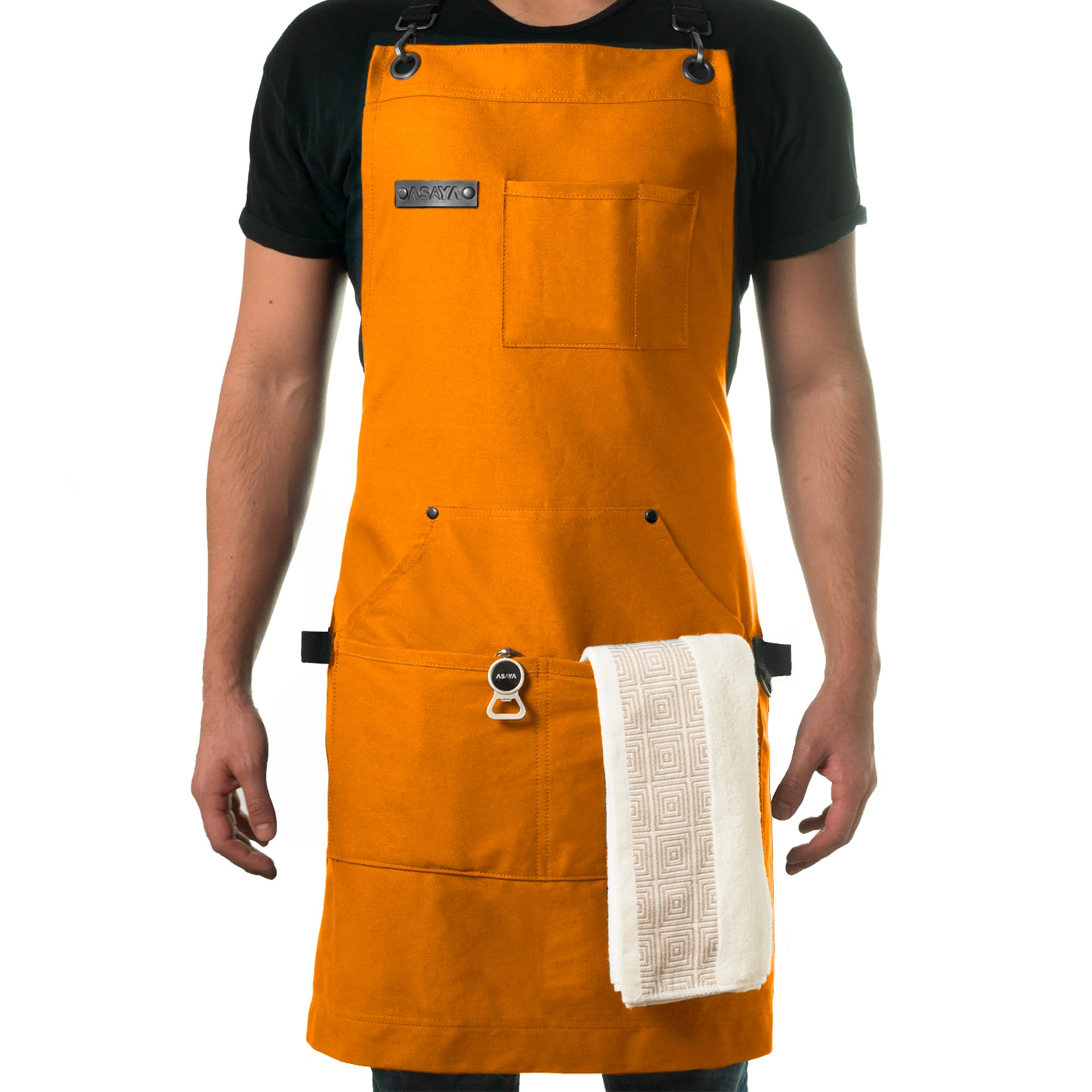 Asaya apron front view showing full coverage and organized pockets for convenience