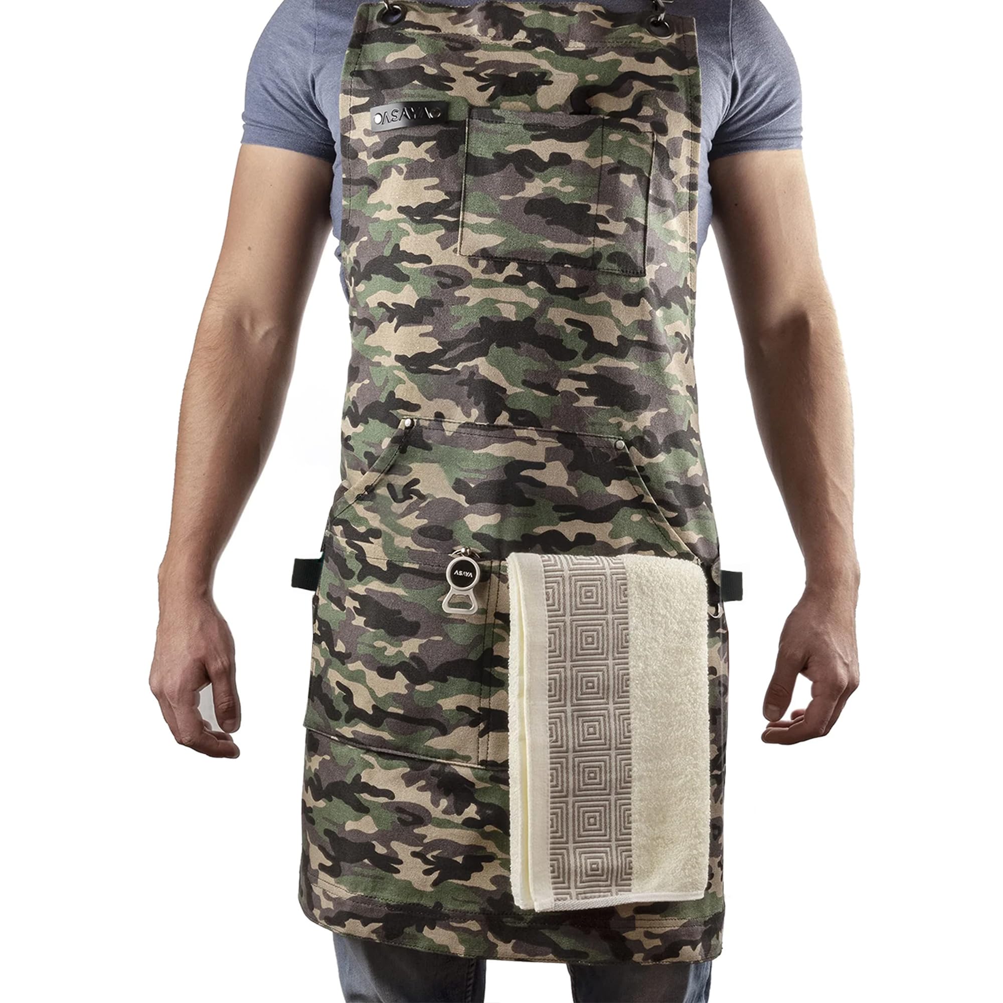 Asaya apron front view in camo showing full coverage and pockets for organized cooking