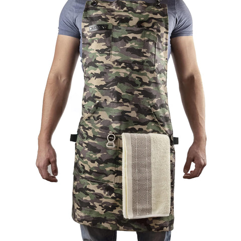 Asaya apron front view in camo showing full coverage and pockets for organized cooking