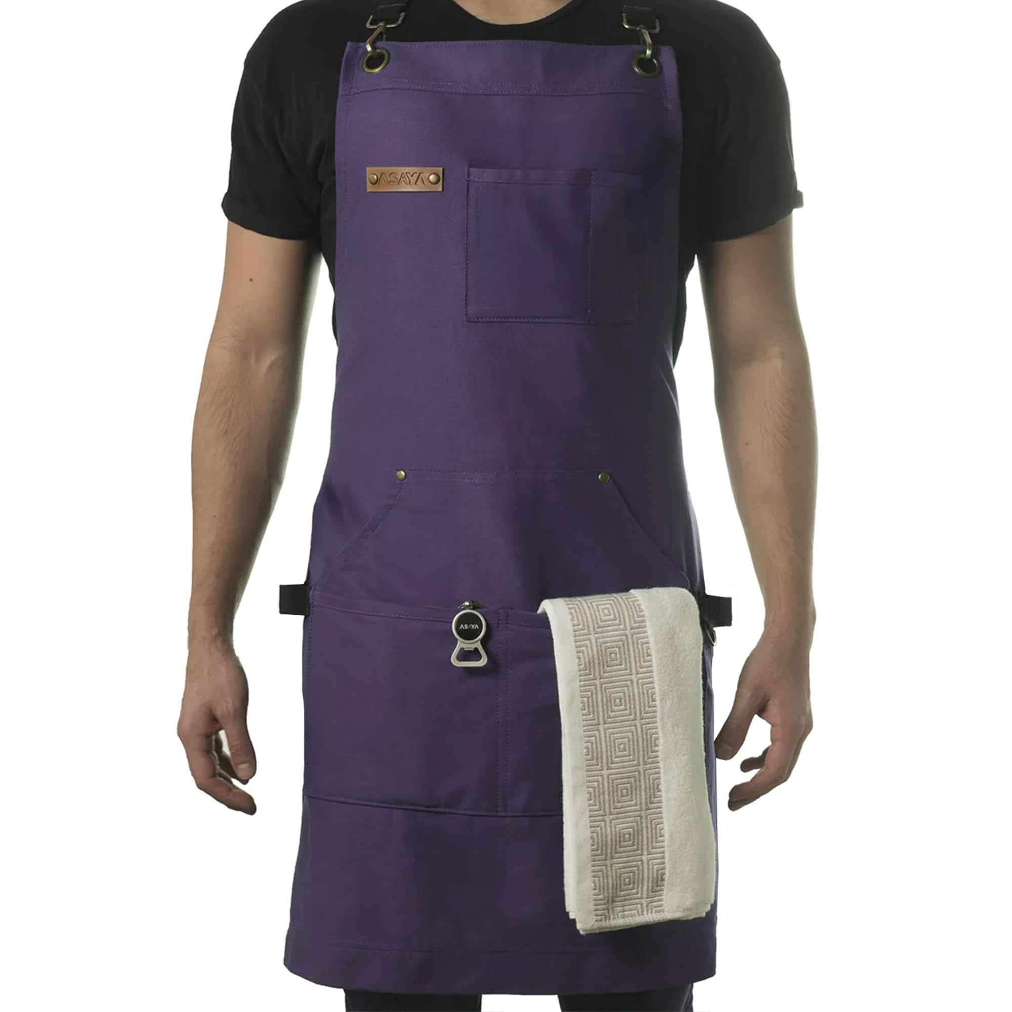 Asaya apron front view showing full coverage and pocket layout for organized cooking