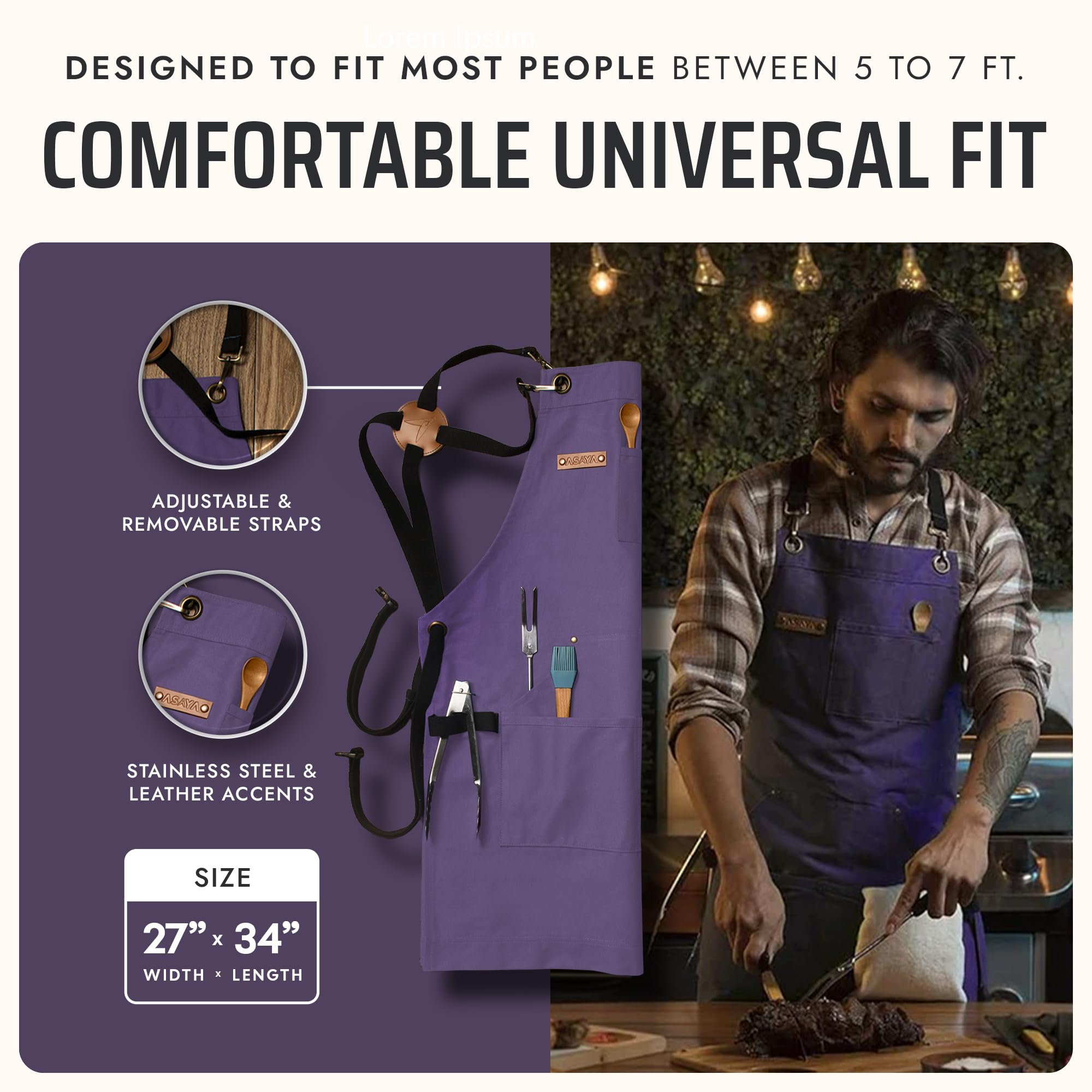 Asaya apron worn by griller demonstrating heat-resistant fit and hands-free tool access