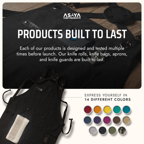 Asaya apron in use at a grill demonstrating practical hands-free functionality
