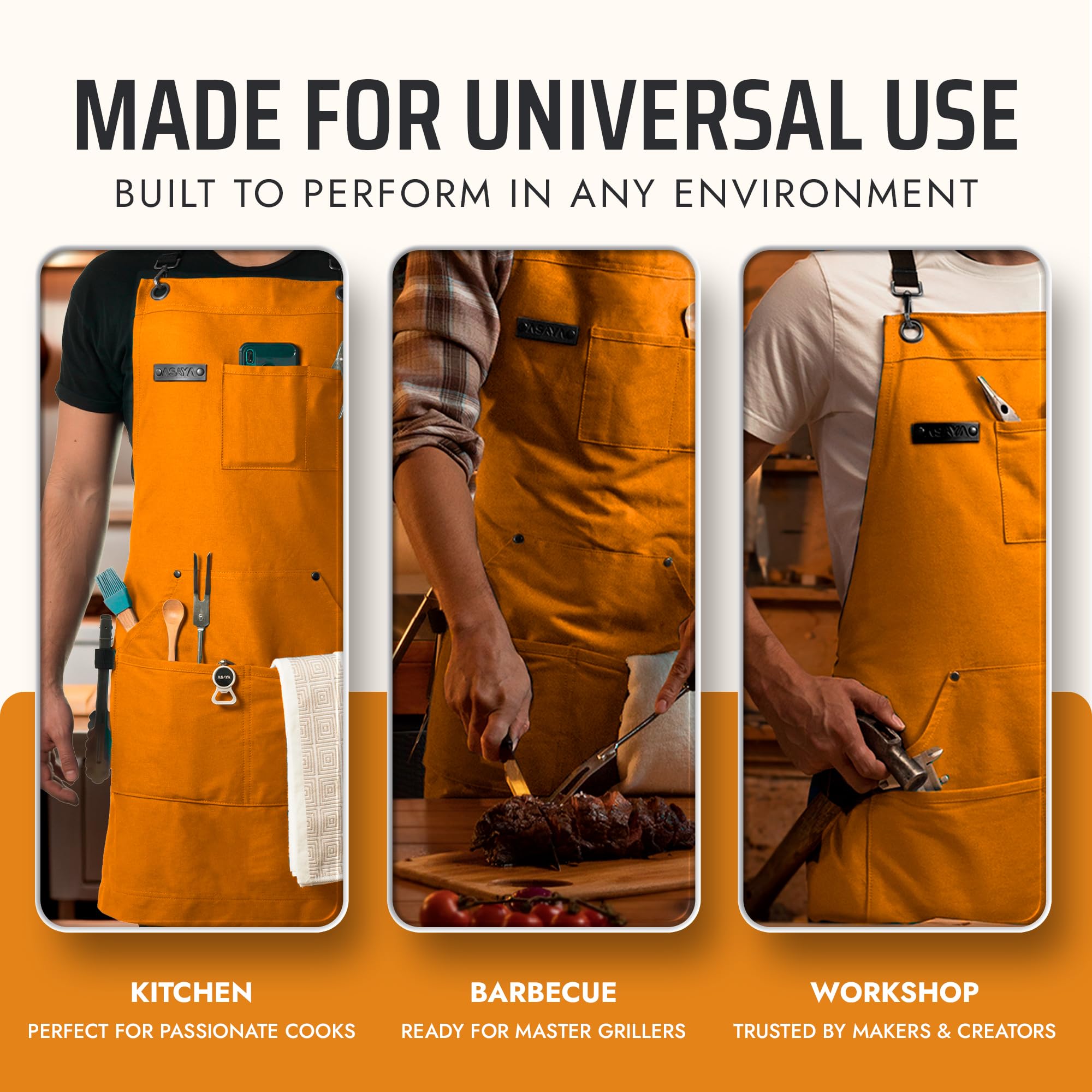 Asaya apron accessories with bottle opener and towel included for grilling ease