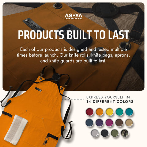 Asaya apron leather label and hardware close-up showing premium accents and strength
