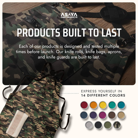 Asaya apron canvas texture close-up highlighting 10oz durability and reinforced stitching