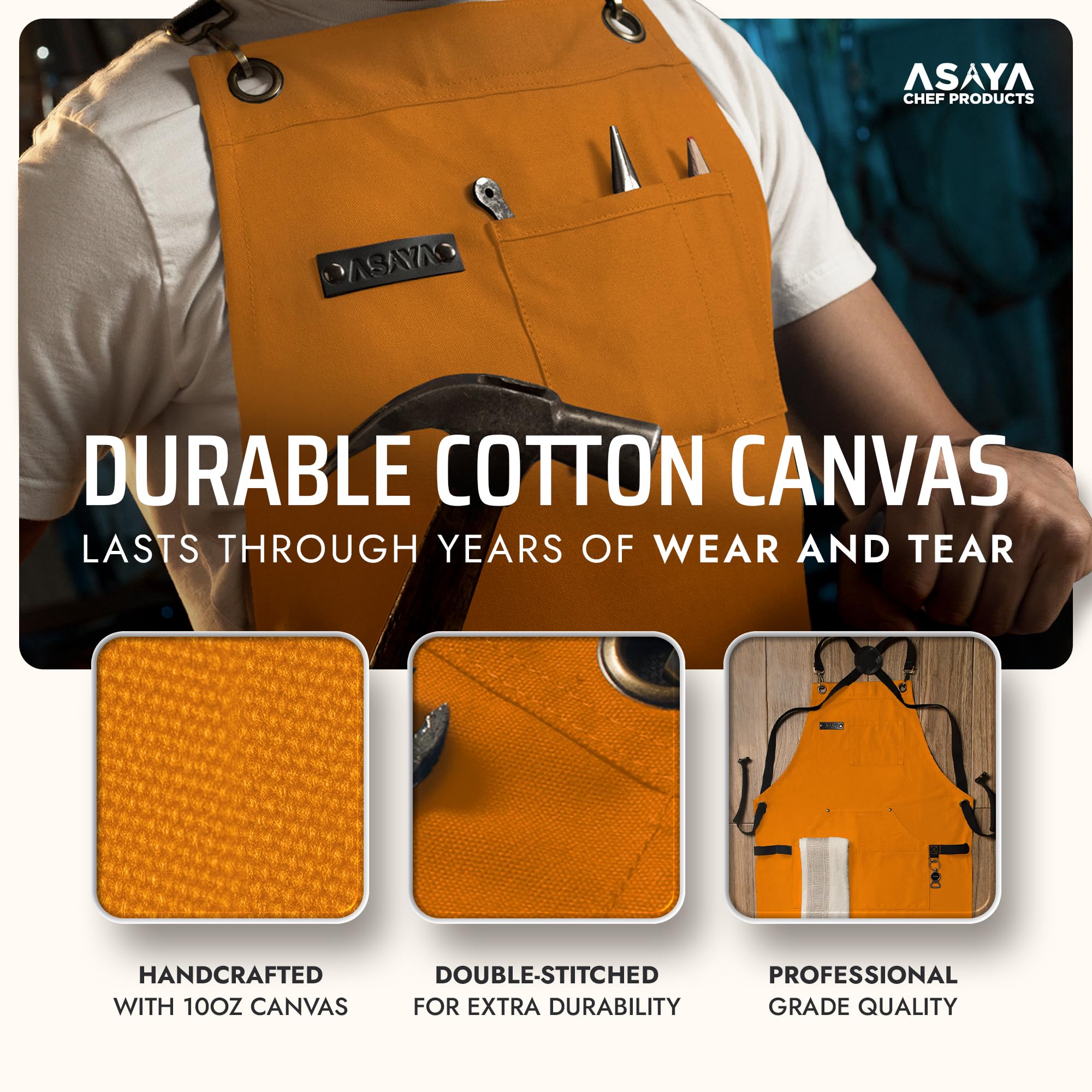 Asaya apron pocket detail featuring phone holder and pen slot for quick access