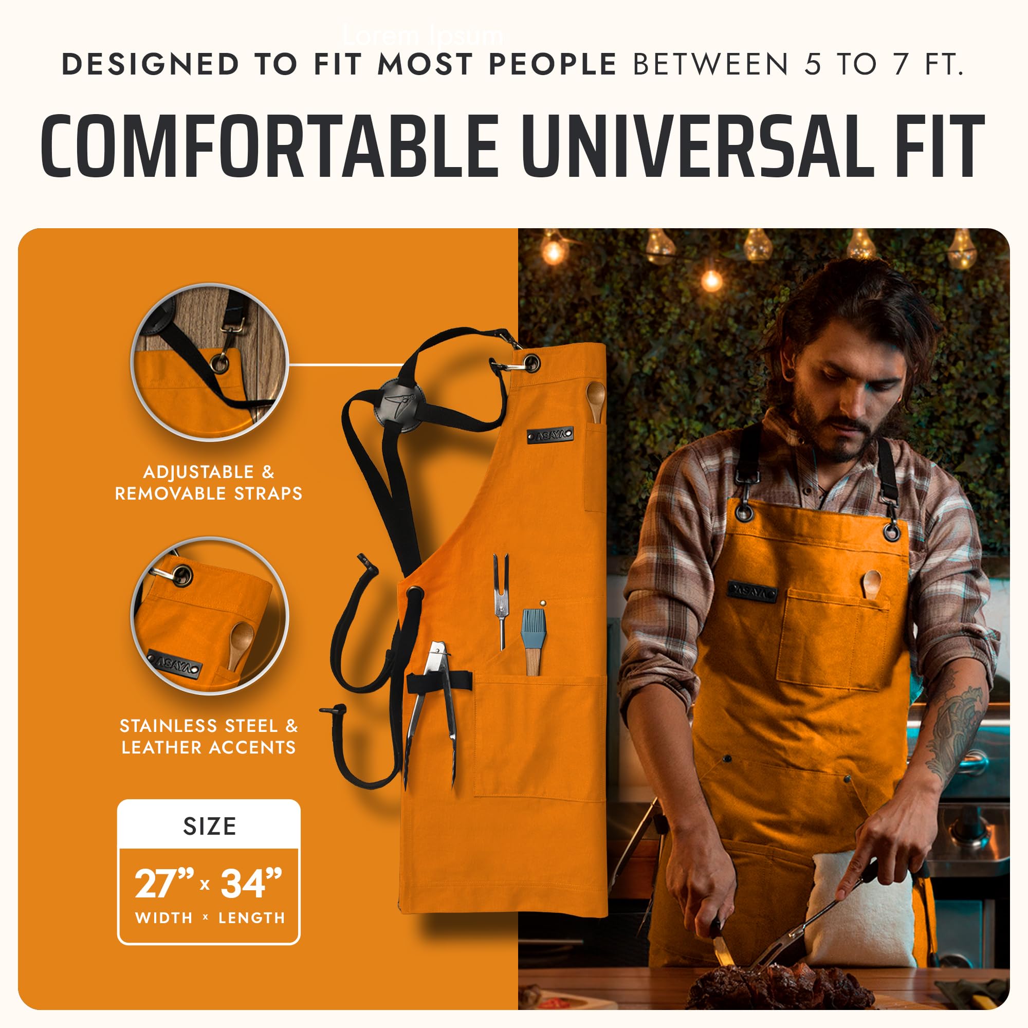 Asaya apron beside ruler size comparison showing full 27 by 34 inch coverage