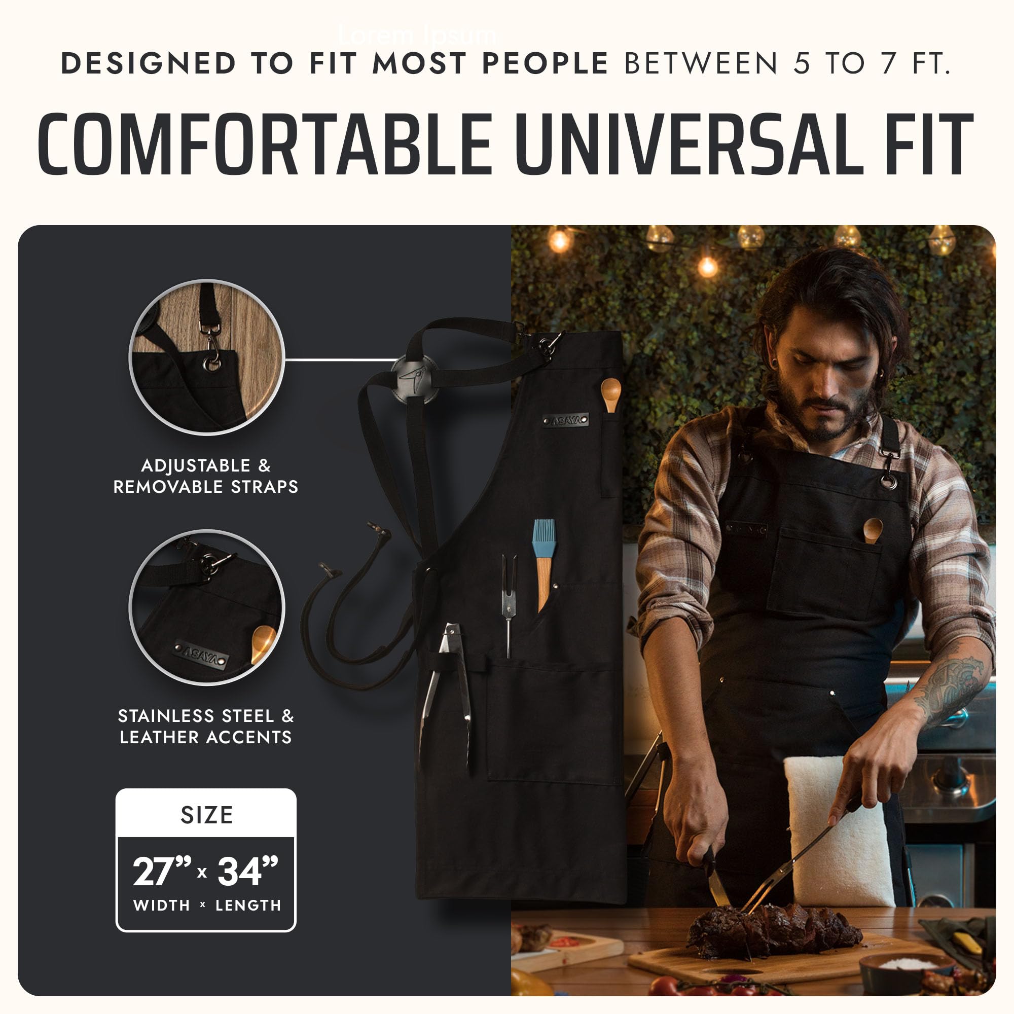 Asaya bottle opener and towel included with apron for on-hand convenience