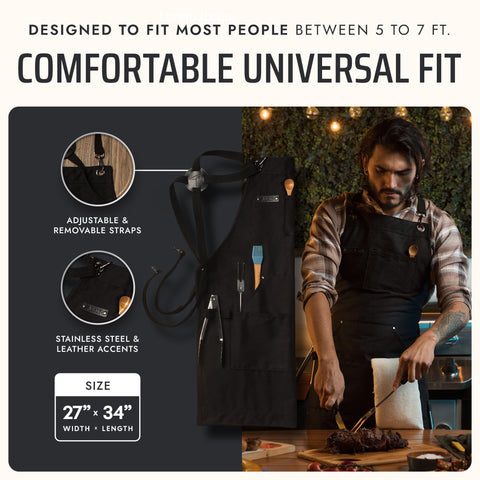 Asaya bottle opener and towel included with apron for on-hand convenience