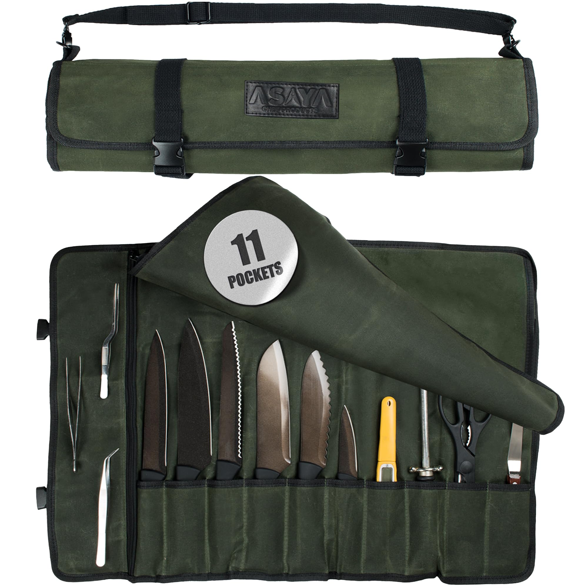 Asaya front closed forest green roll bag showing tidy secure closure and portability