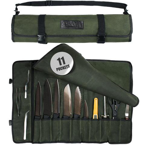 Asaya front closed forest green roll bag showing tidy secure closure and portability