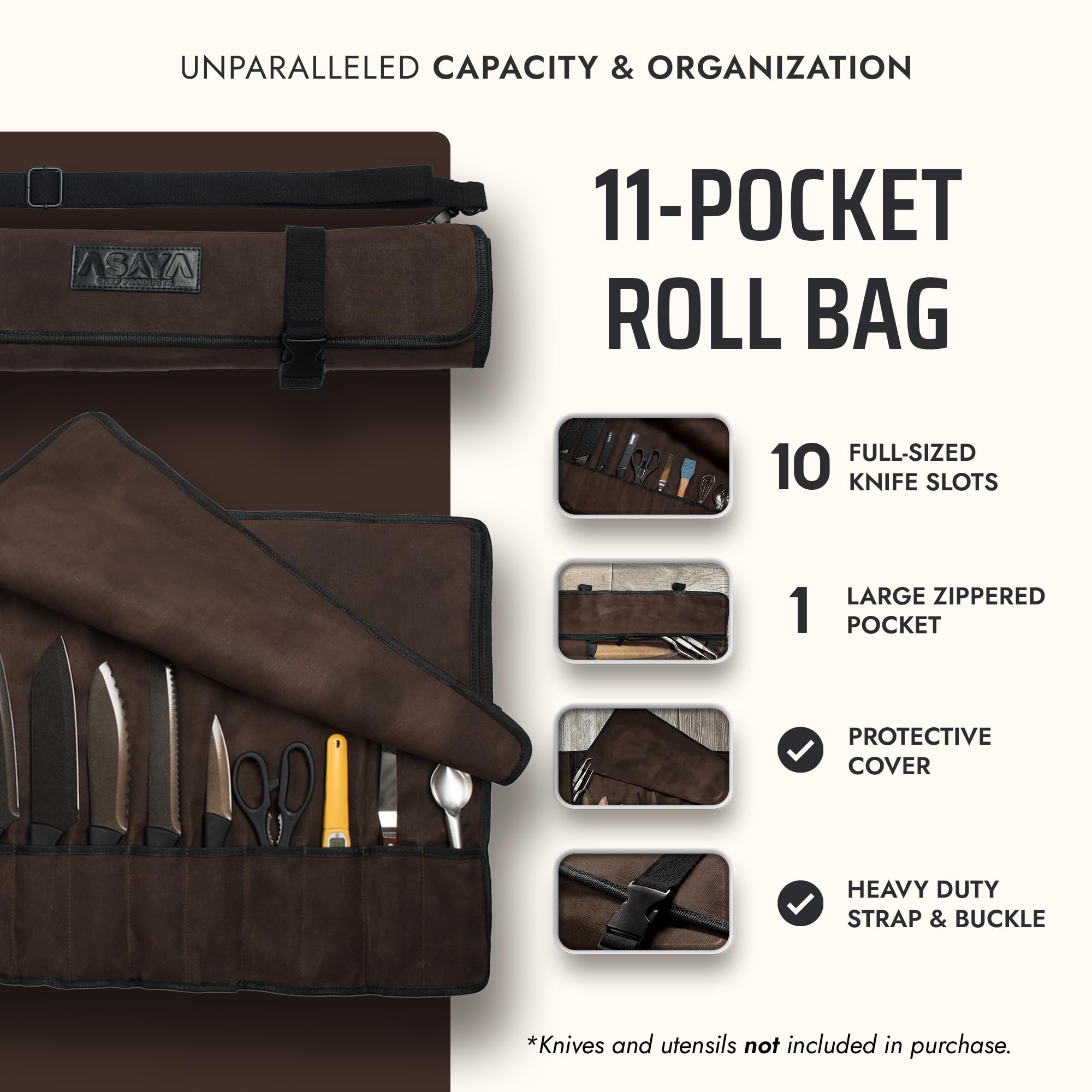 Asaya opened knife roll showing ten slots for organized storage