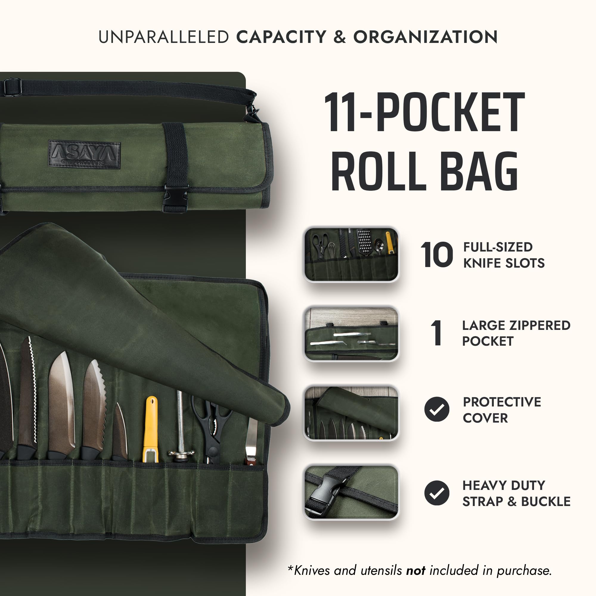Asaya open roll displaying ten knife slots and organized tool storage benefit