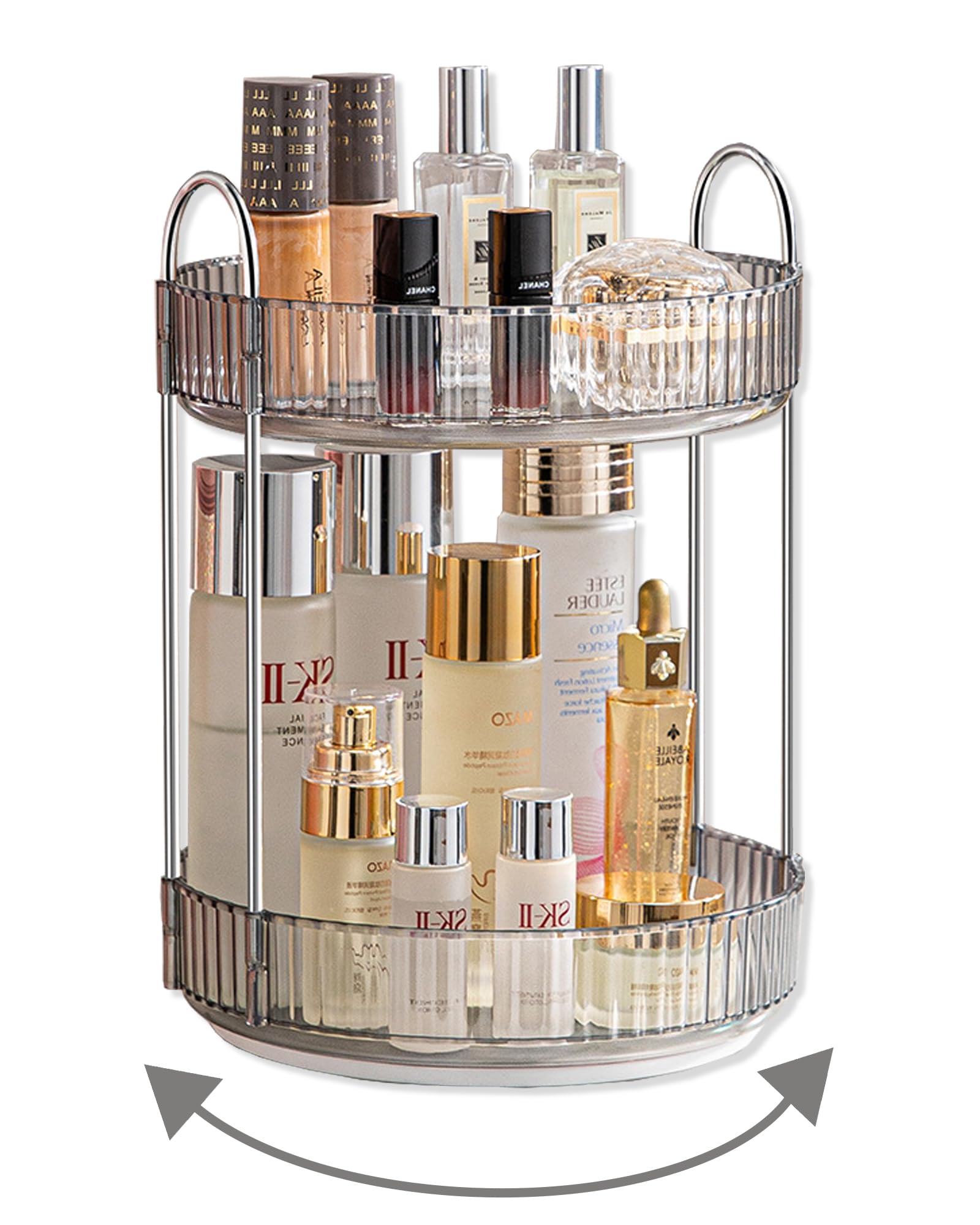 Asayuee front view showing grey two-tier organizer and tidy cosmetics