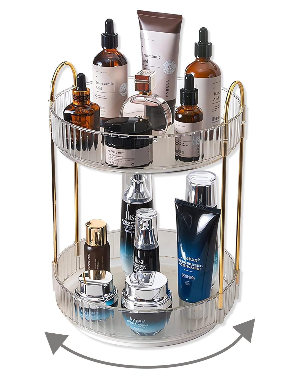 Asayuee front view of clear two-tier organizer showing accessible storage benefit
