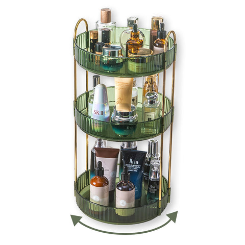 Asayuee green 3-tier front view showing organized cosmetics and space savings