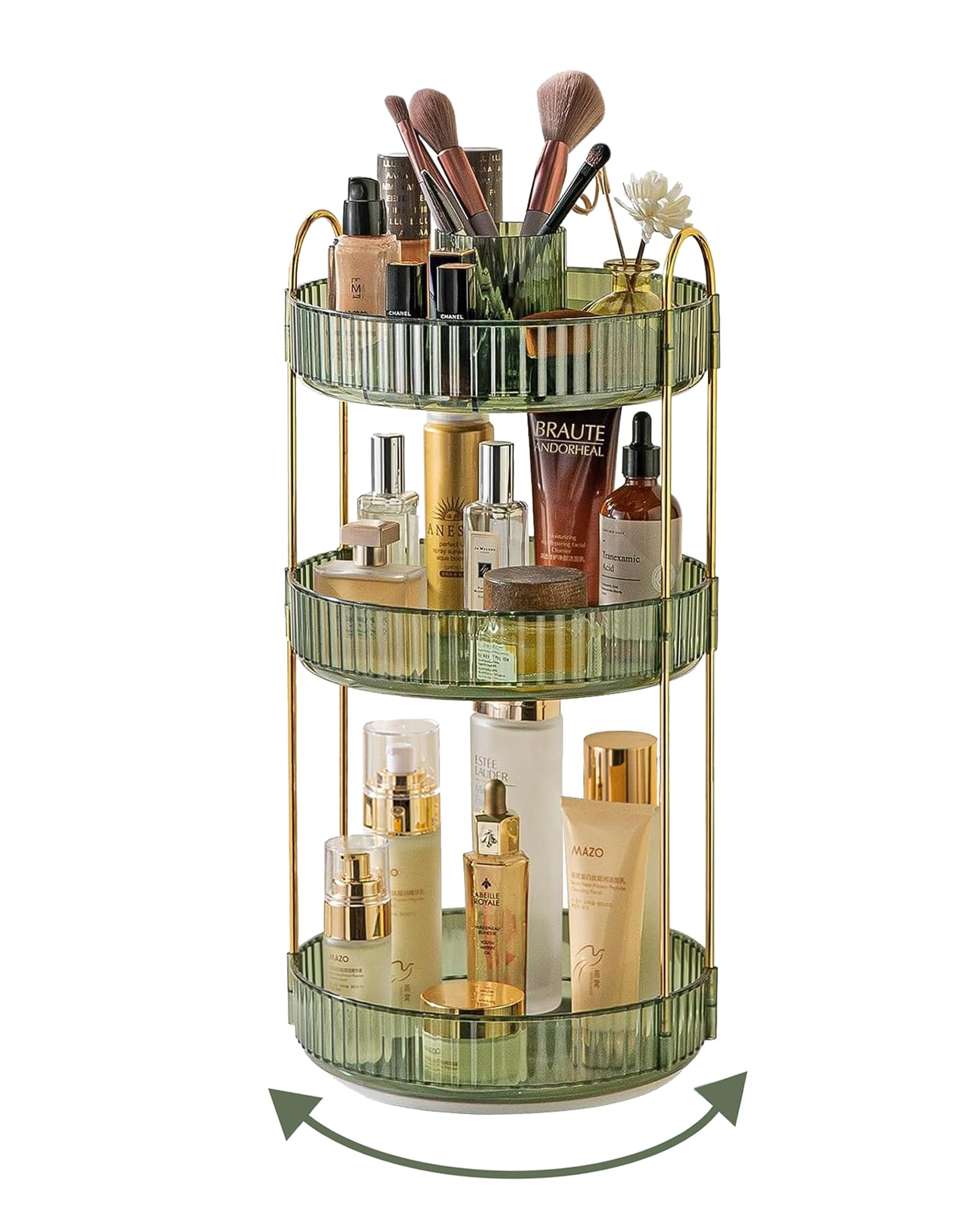 Asayuee front view vanity organizer showing neat cosmetics and easy access