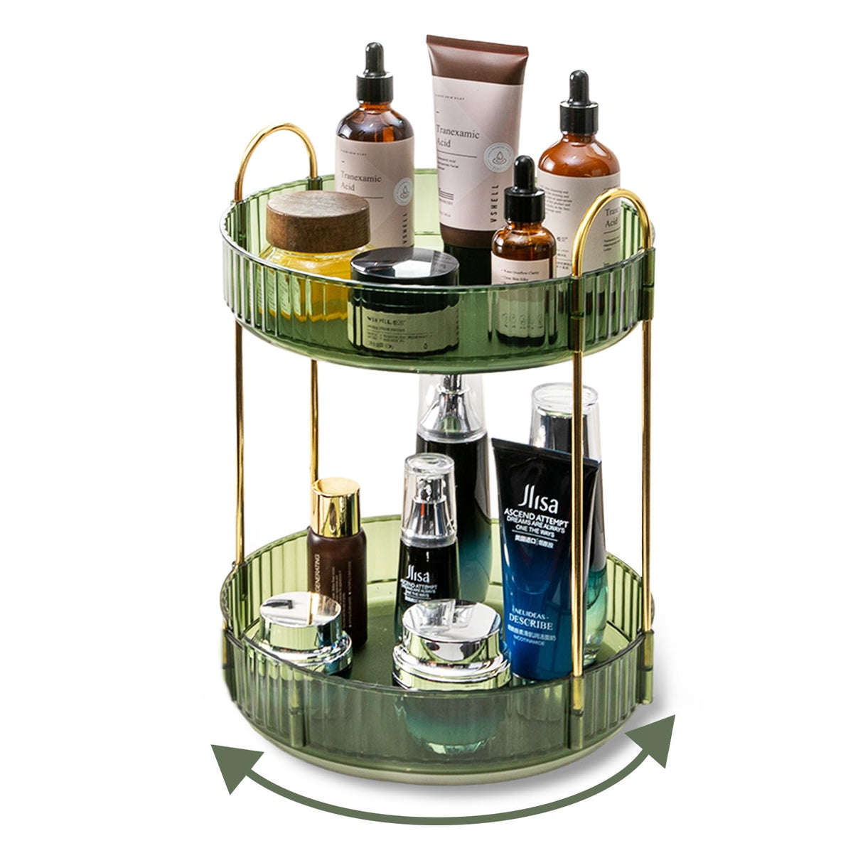 Asayuee front view of green 2-tier spinner showing tidy cosmetics and quick access