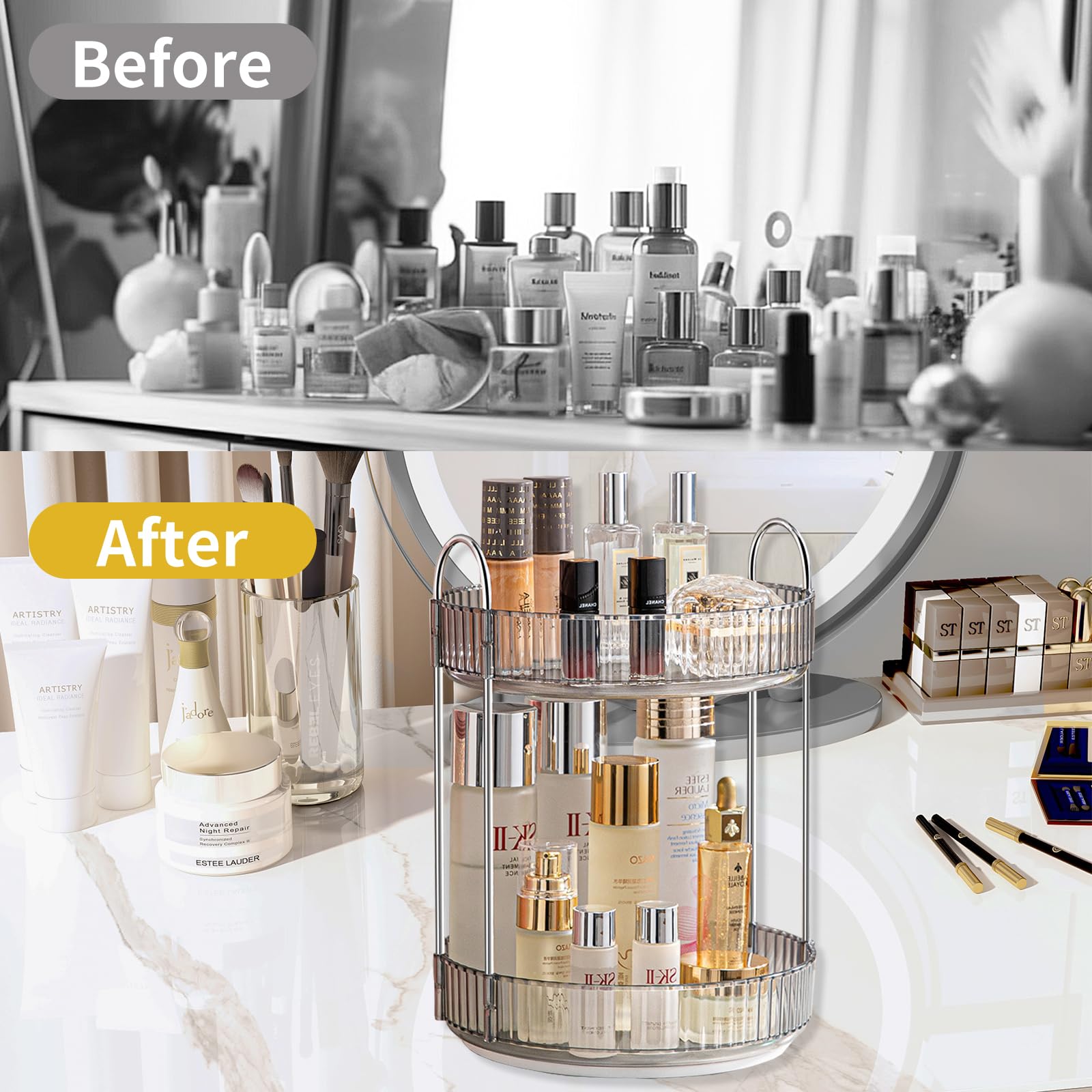 Asayuee on bathroom counter organizing perfumes and skincare neatly