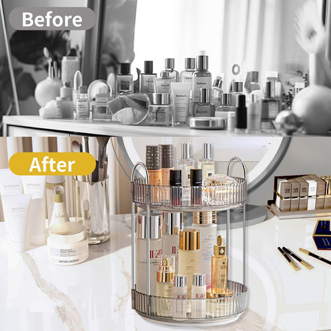 Asayuee on bathroom counter organizing perfumes and skincare neatly