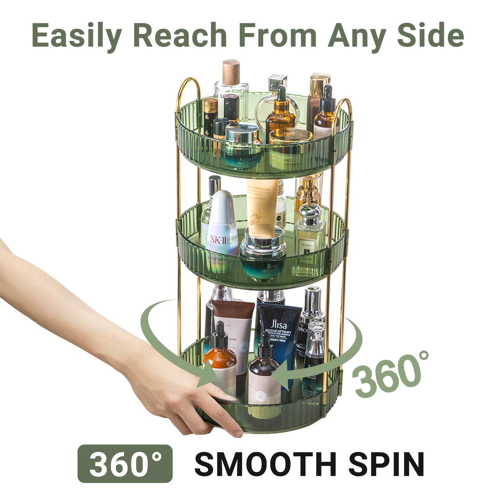 Asayuee rotating organizer in use illustrating quick access convenience