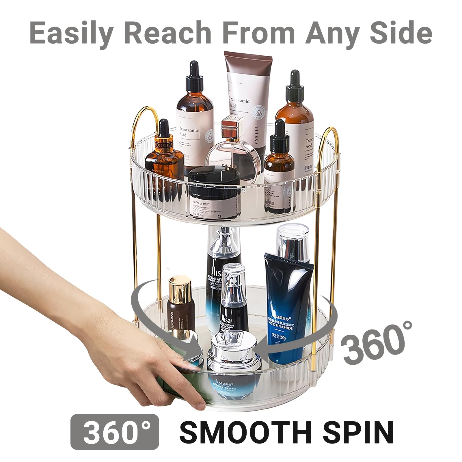 Asayuee rotating organizer on a vanity in use for easier morning routine