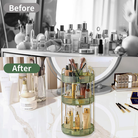 Asayuee rotating organizer in use on bathroom counter improving routine speed