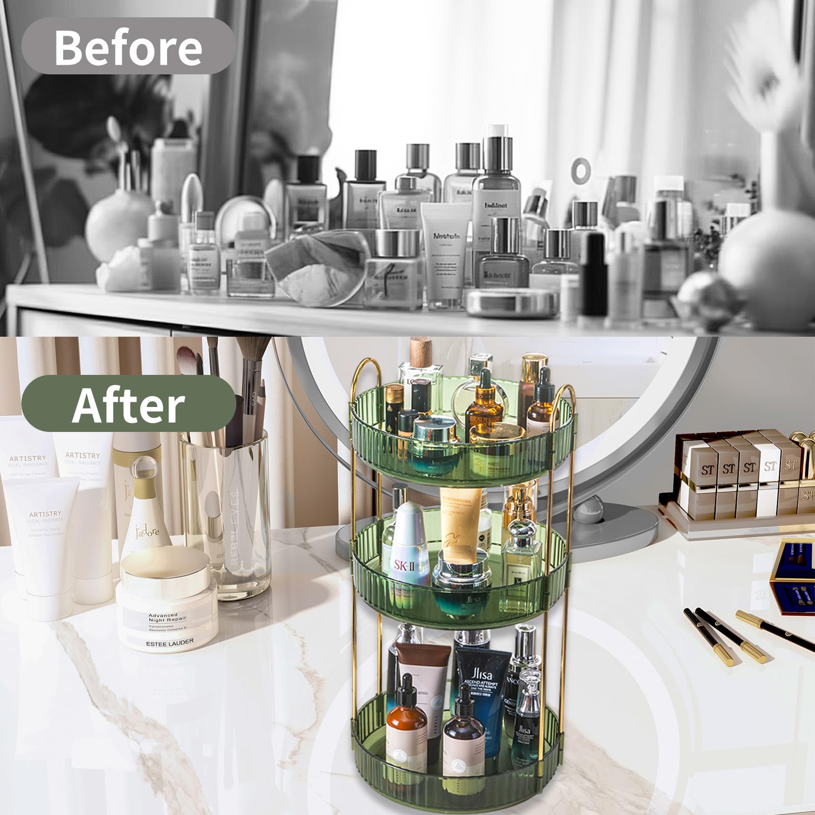 Asayuee tier layout with tall skincare bottles showing capacity flexibility