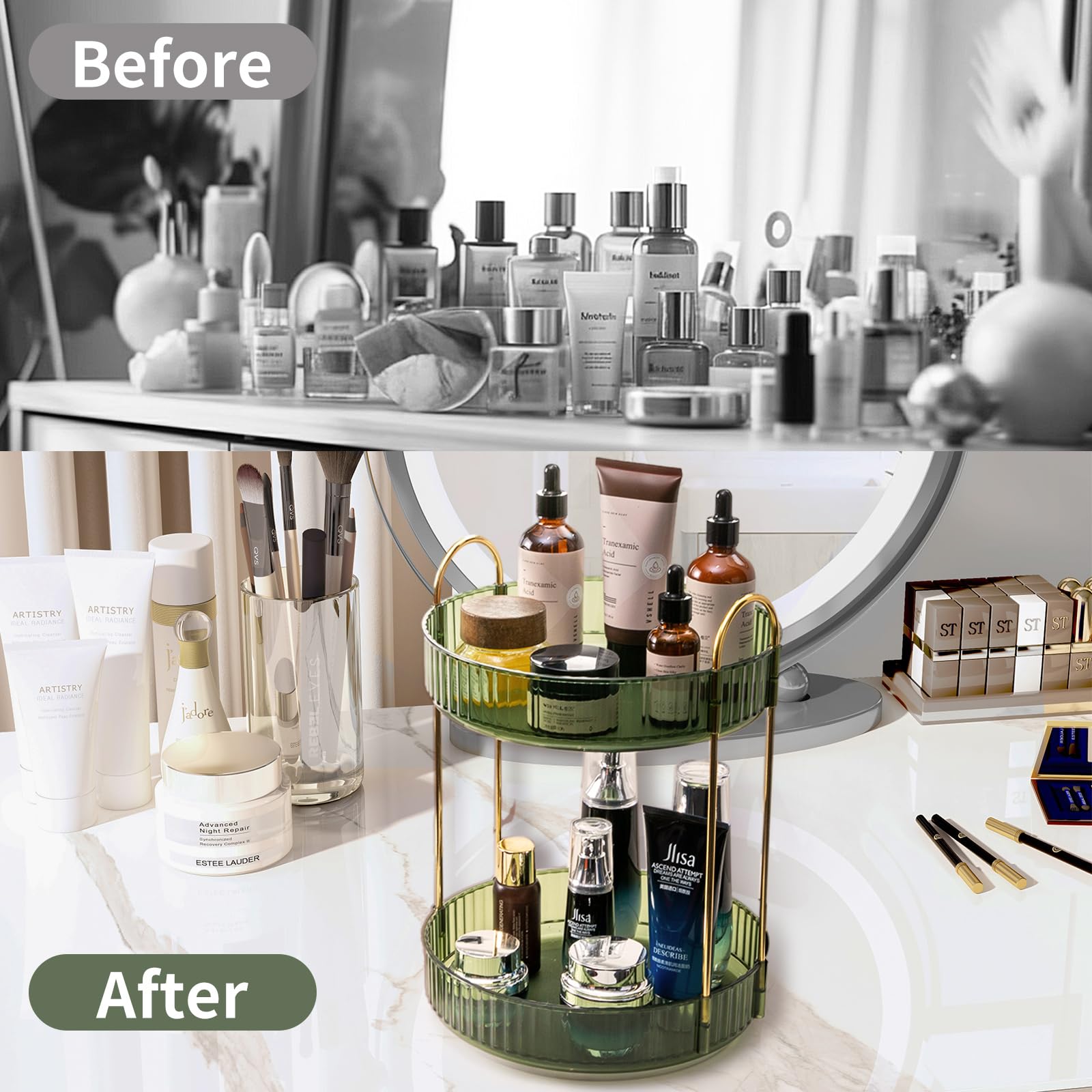 Asayuee showcasing tall perfume bottle on higher tier for better vertical fit