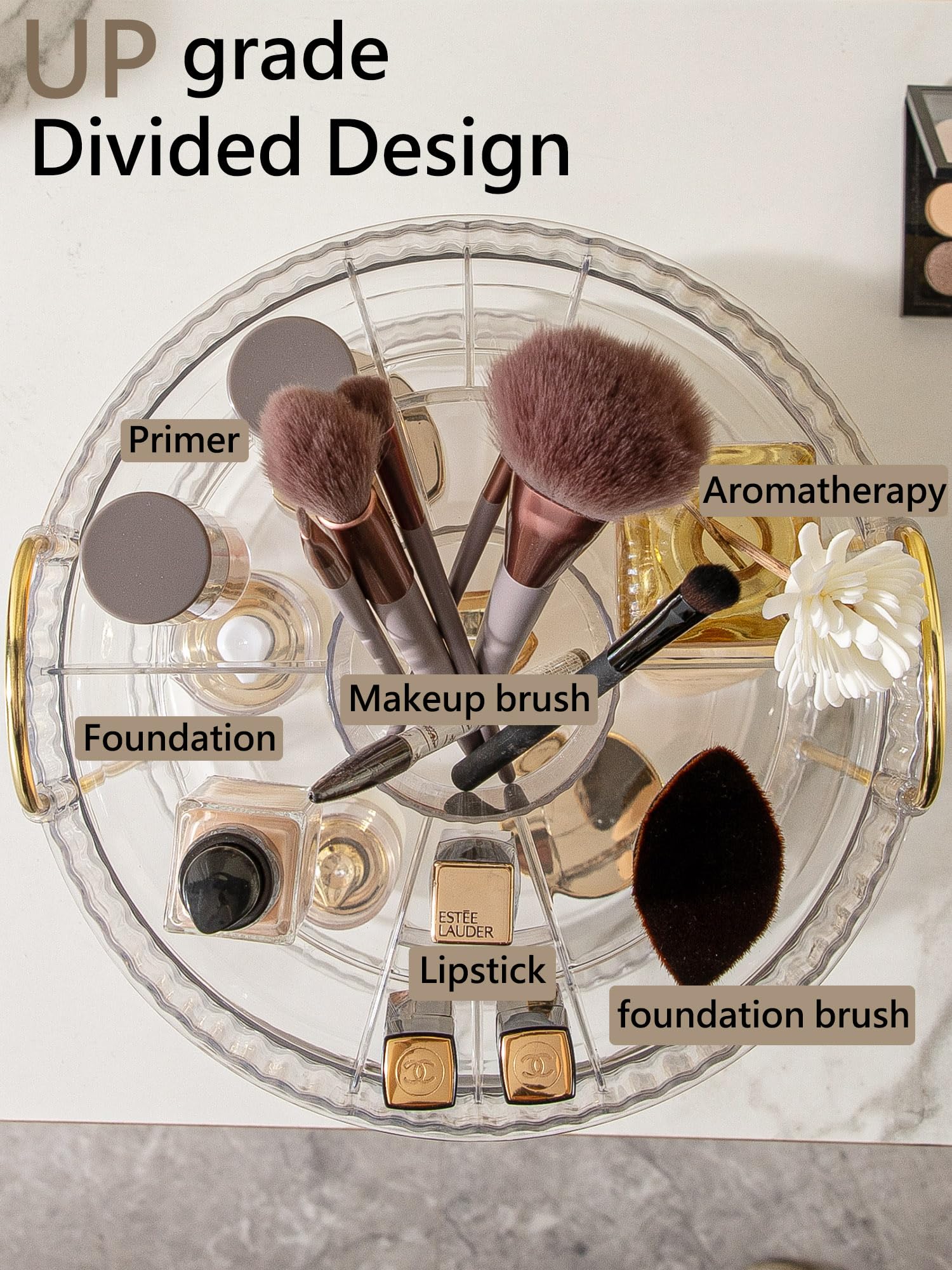 Asayuee top compartment grid close-up keeping brushes and small items separated