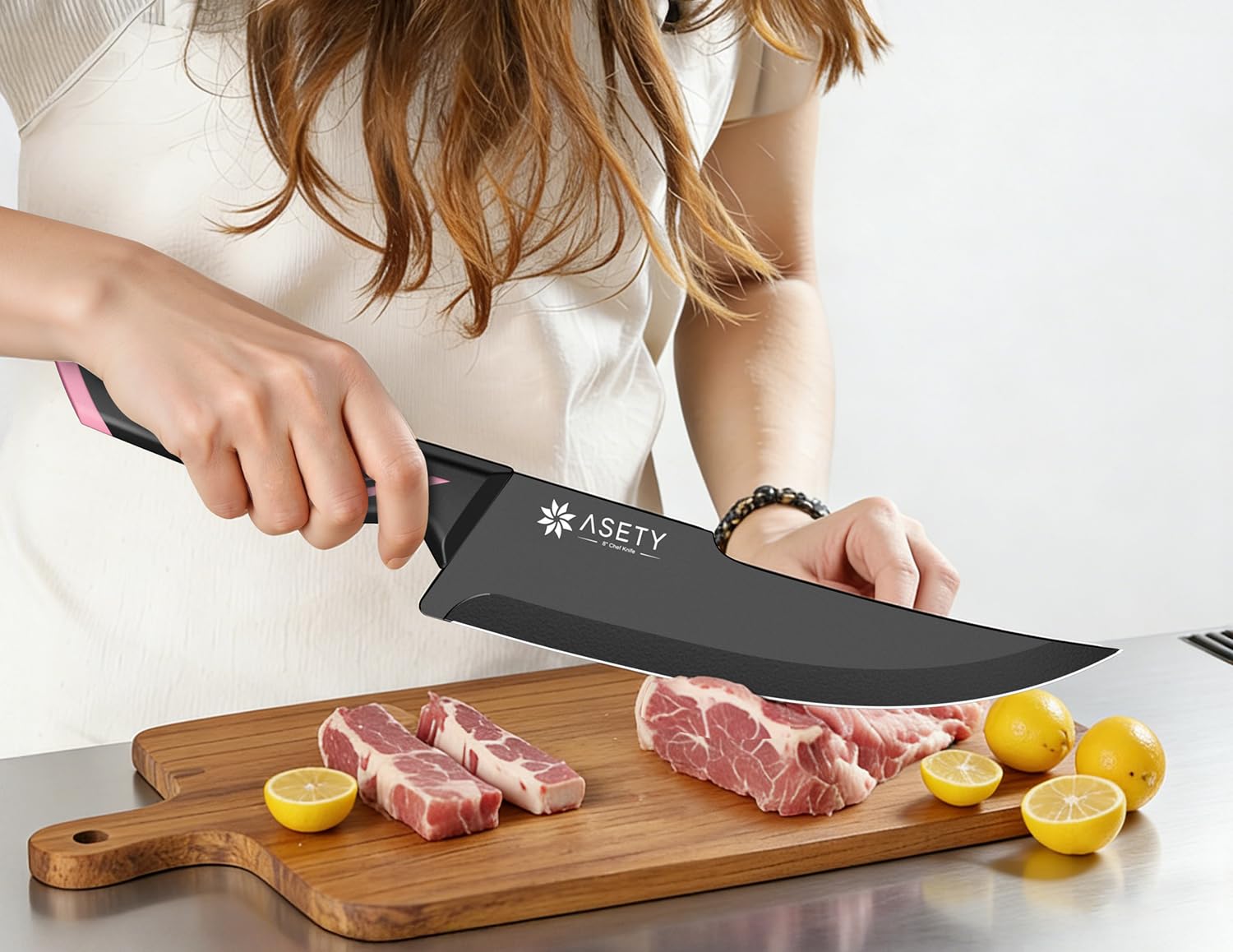 ASETY close-up of 8-inch chef blade showing sharp 15-degree edge benefit