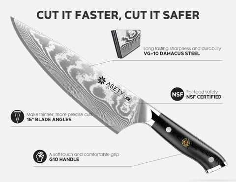 ASETY blade close-up showing Damascus pattern and durable finish
