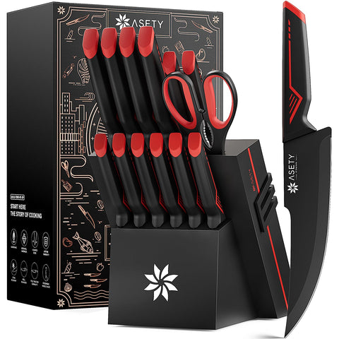 ASETY front view of knife block showing organized set and bold red accent for stylish storage