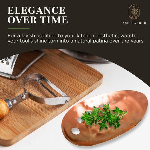 Ash Harbor copper herb stripper bowl filled with shredded herbs in catch bowl, simplifies cleanup and collection