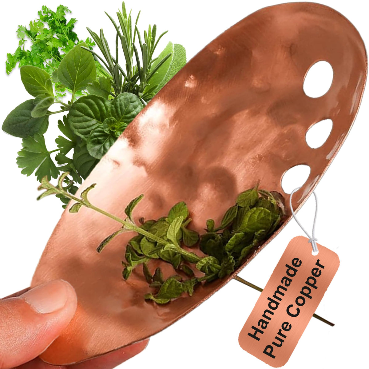 Ash Harbor copper herb stripper bowl front view showing elegant teardrop shape and holes, improves prep speed