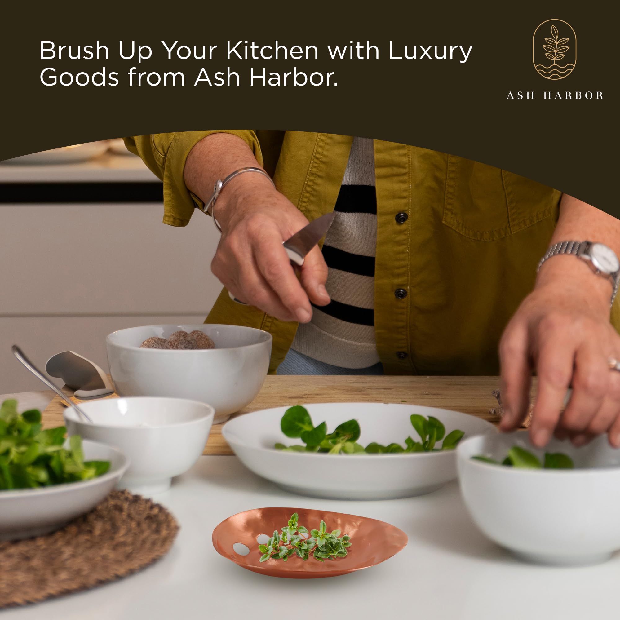 Ash Harbor copper herb stripper bowl on kitchen counter styled with herbs, elevates culinary countertop decor