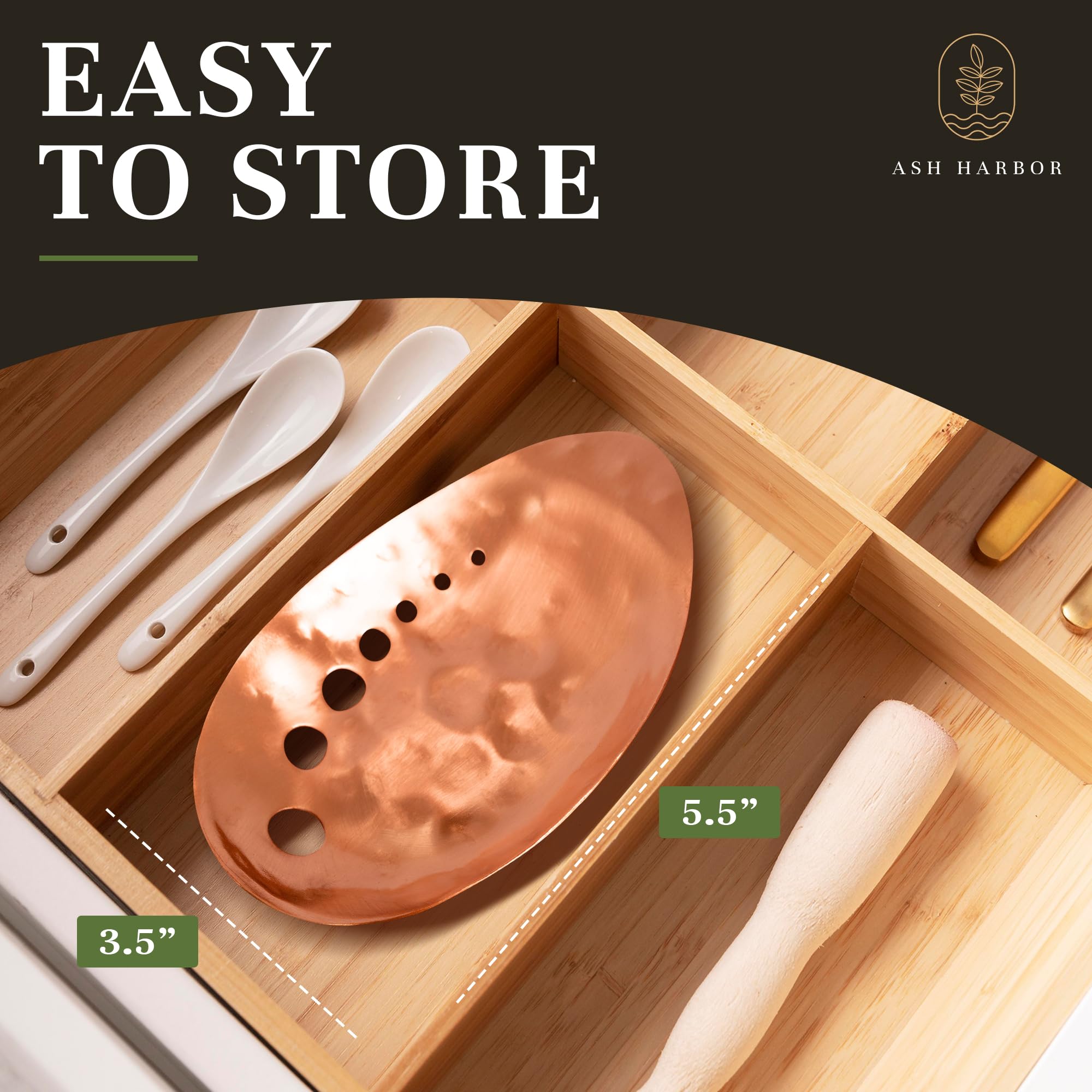 Ash Harbor copper herb stripper bowl held in hand for scale, compact size fits roomy or small kitchens