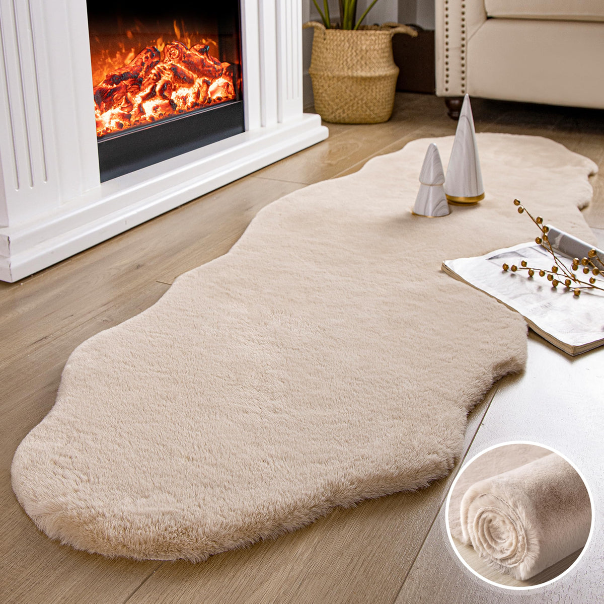 Ashler Home Deco front view of beige faux rabbit fur runner, adds cozy luxury